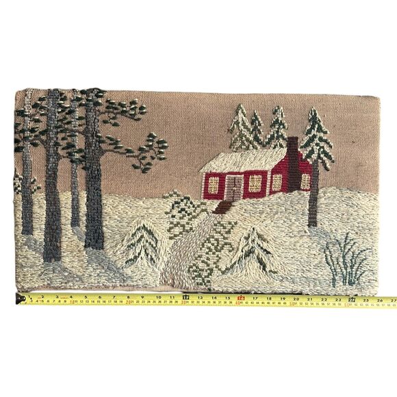VTG Winter Snow Embroidery Crewel Scene Art Wall Decor Cabin Lodge Primitive
